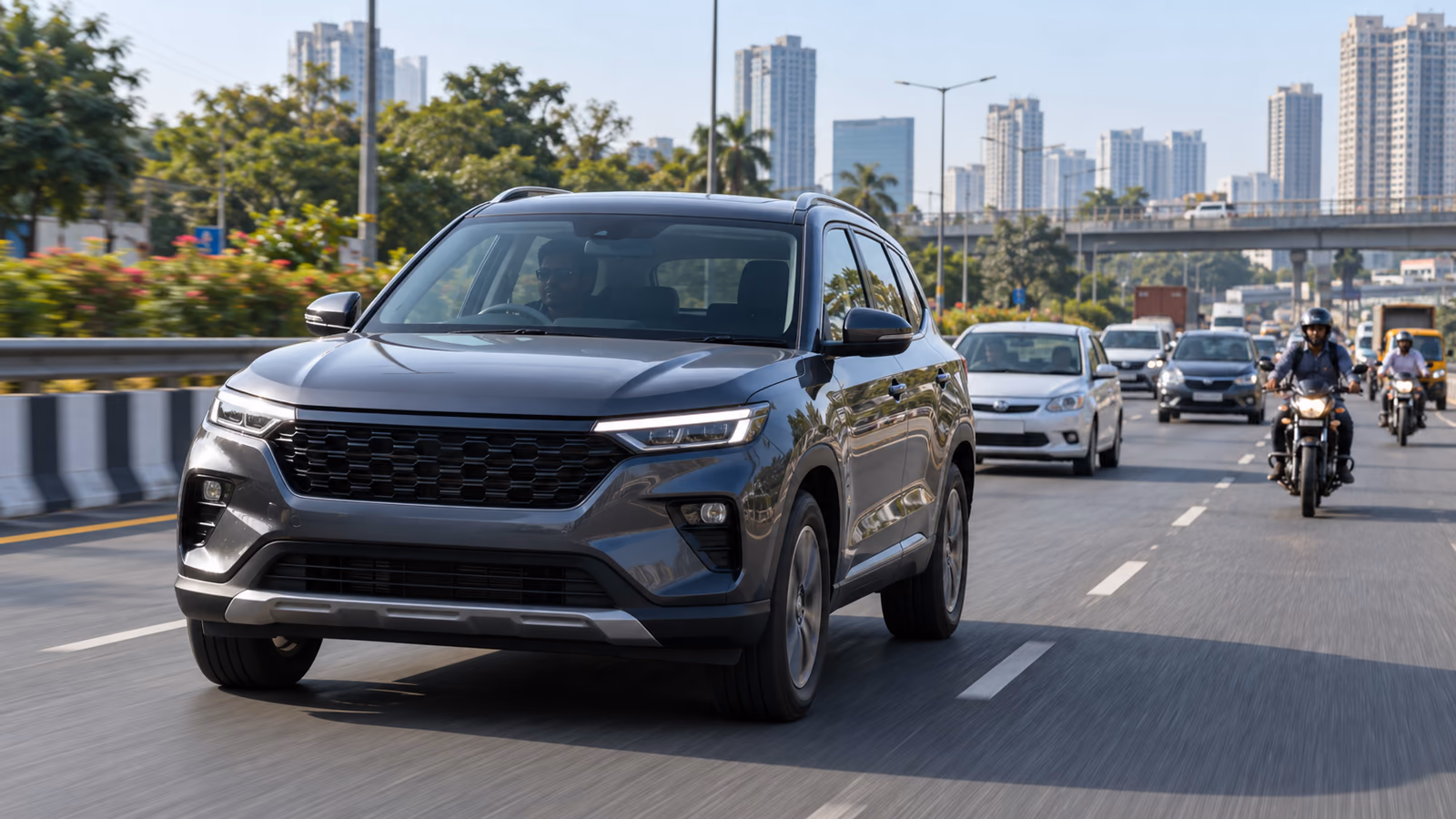 Modern SUV driving in mixed Indian traffic with clear lane markings