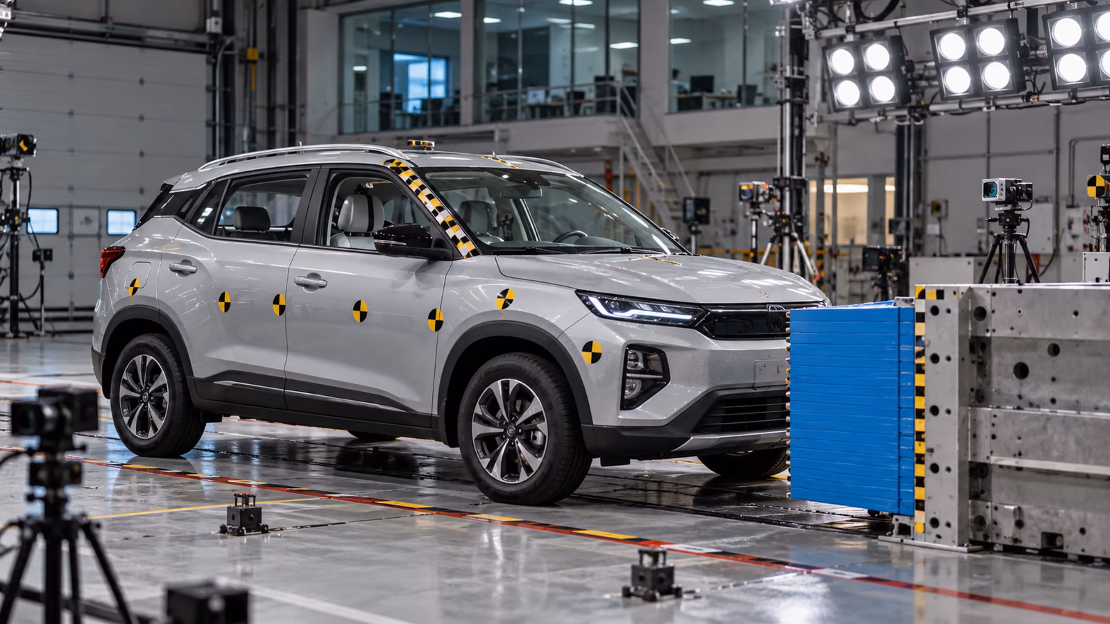 Vehicle prepared for a controlled crash test in a safety laboratory