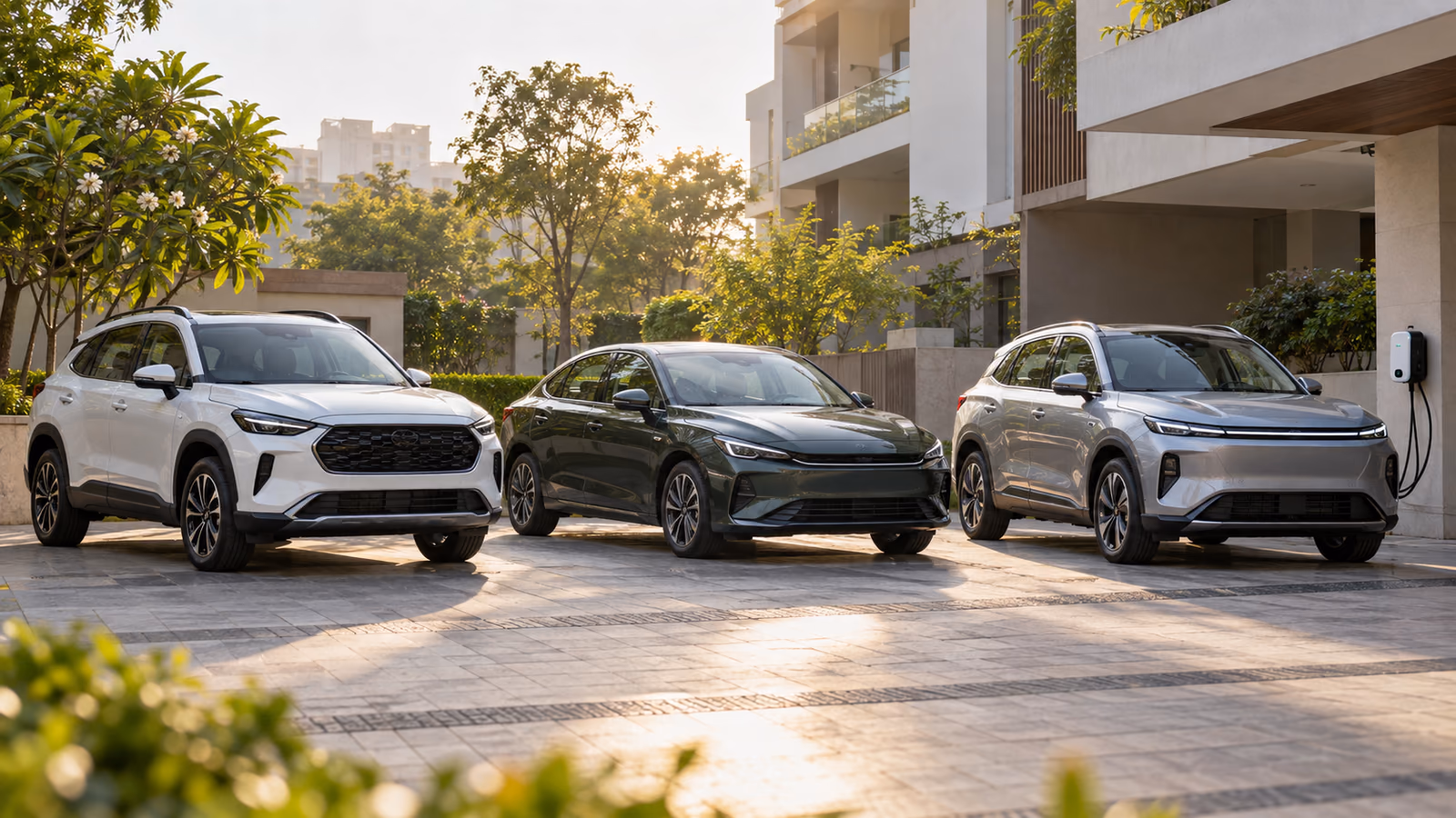 Petrol, strong hybrid and electric family cars parked together