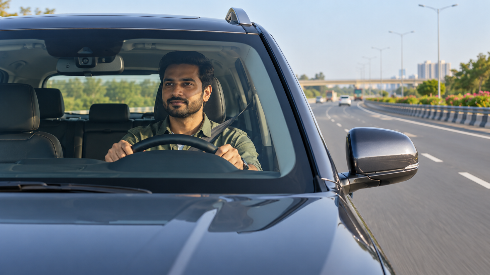 Car using driver assistance features on an Indian expressway