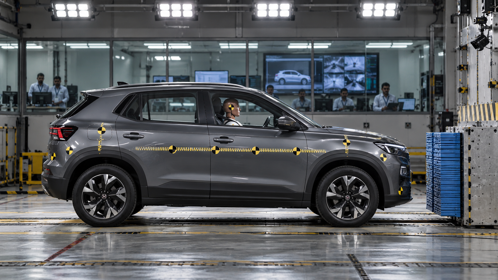 Vehicle safety testing in a crash test laboratory
