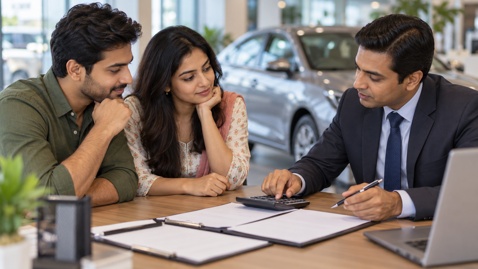 Buyer reviewing car loan paperwork and calculations