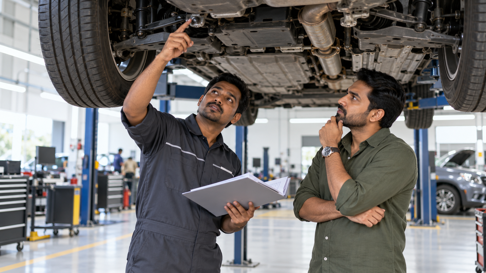 Owner reviewing an itemised car service invoice