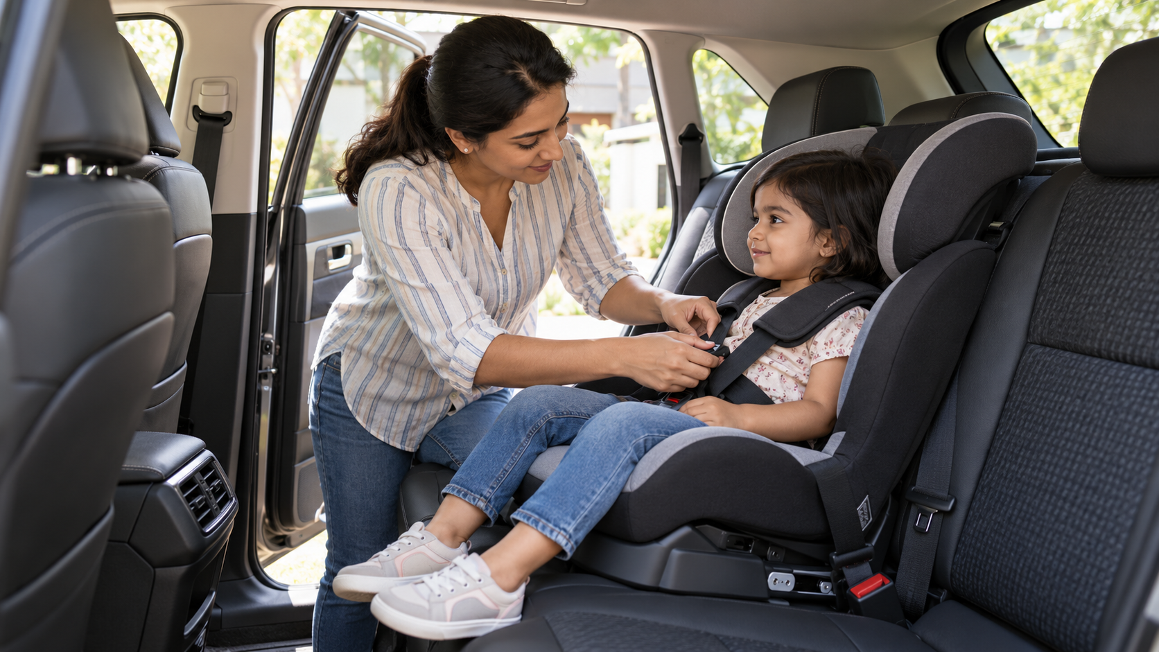 Child seat fitted in the rear of a family SUV