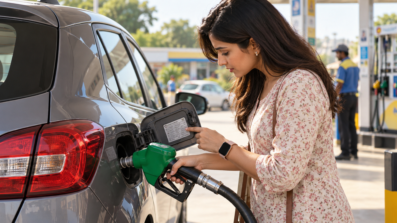Car being refuelled with petrol at an Indian fuel station