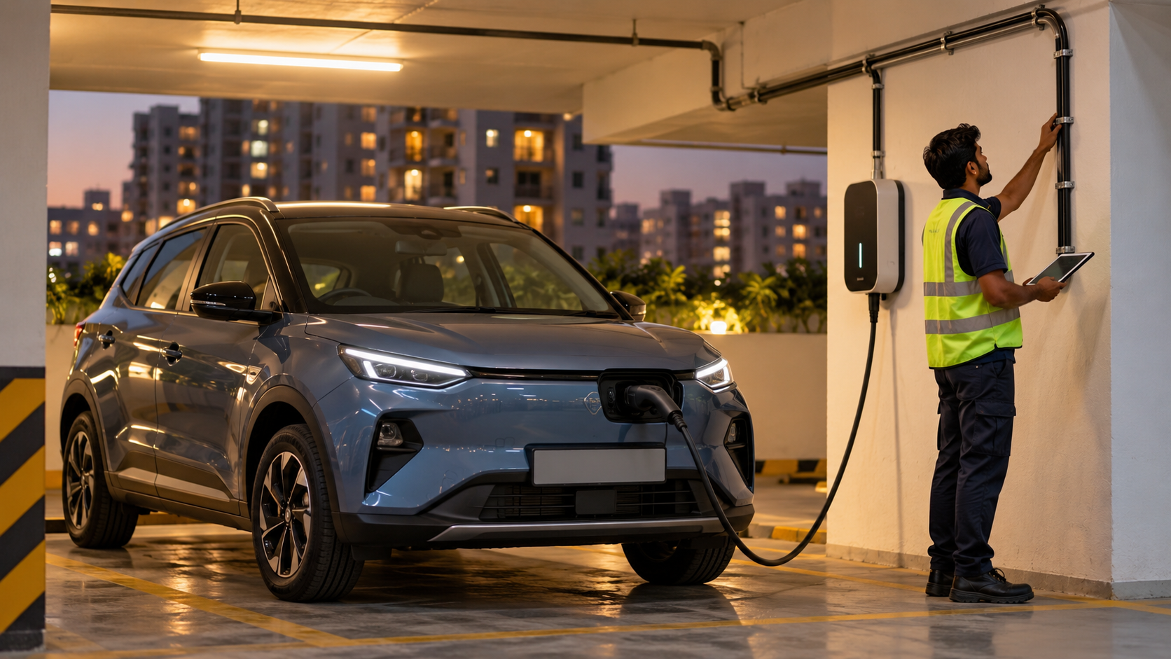 Electric car charging at a reserved apartment parking bay