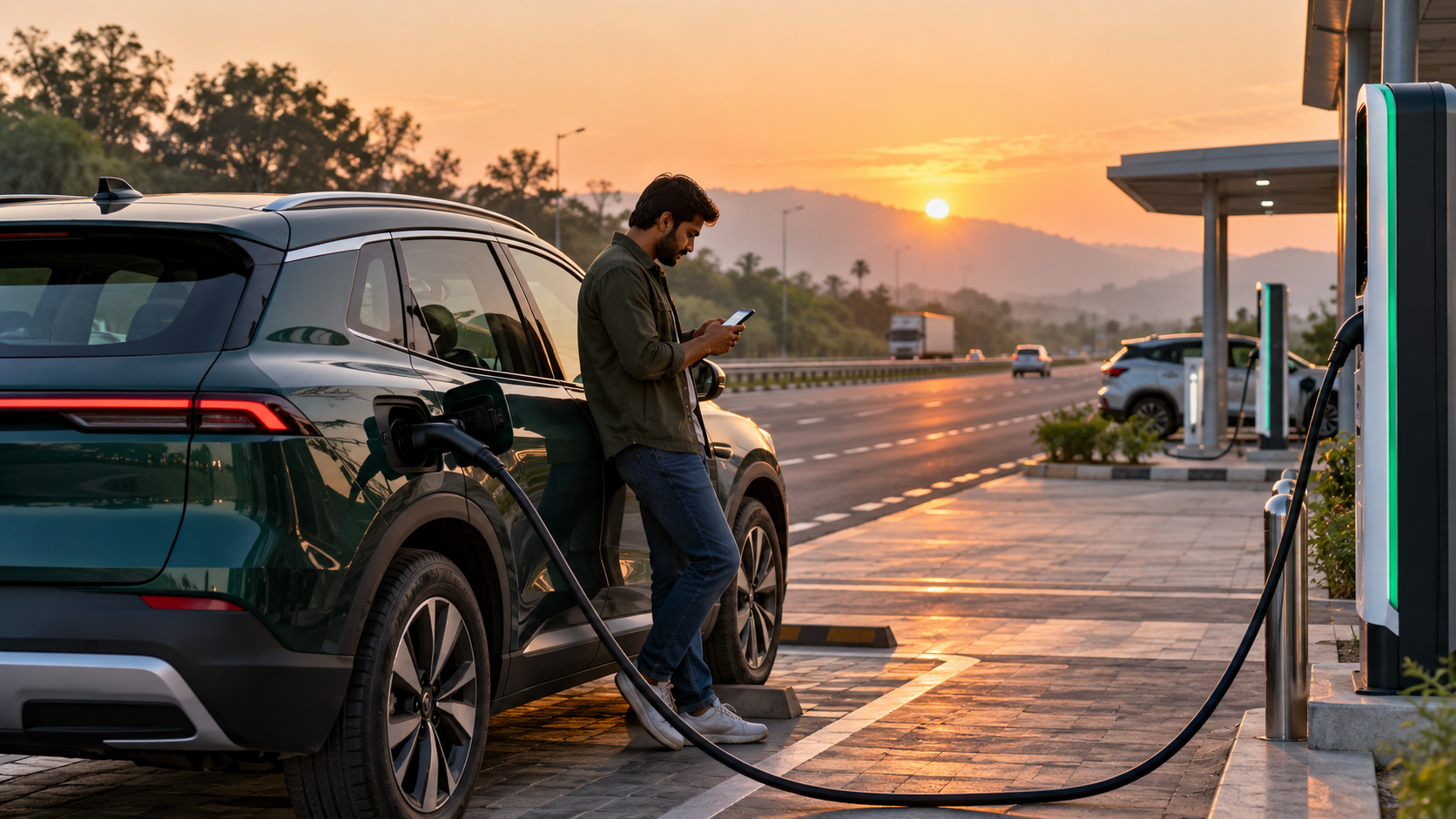 Electric SUV charging during an Indian highway journey
