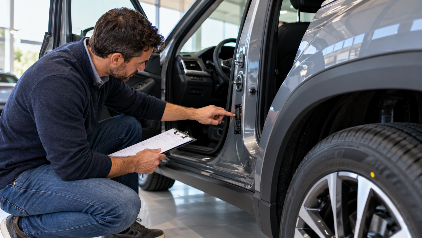 Buyer checking a vehicle identification number during car inspection