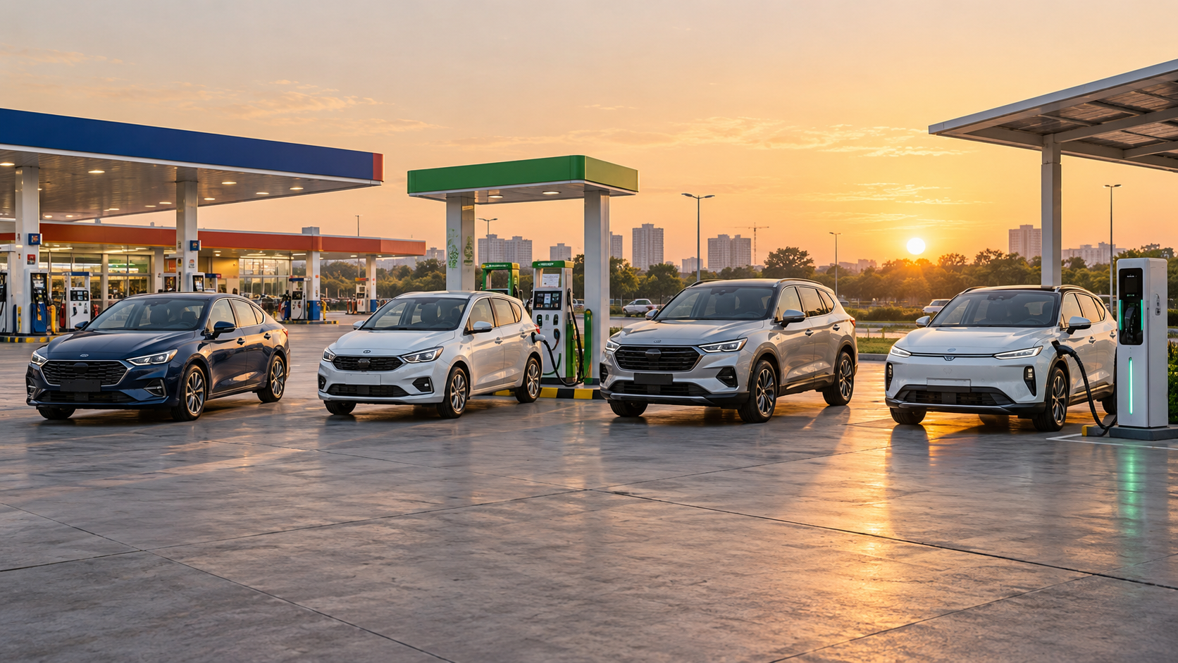 Petrol, CNG, hybrid and electric cars arranged for comparison