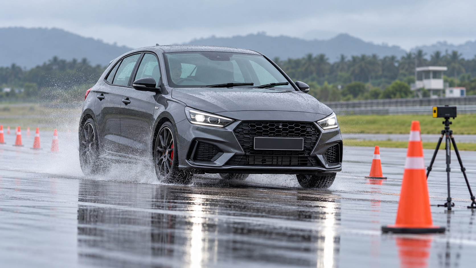 Car undergoing controlled braking and road testing