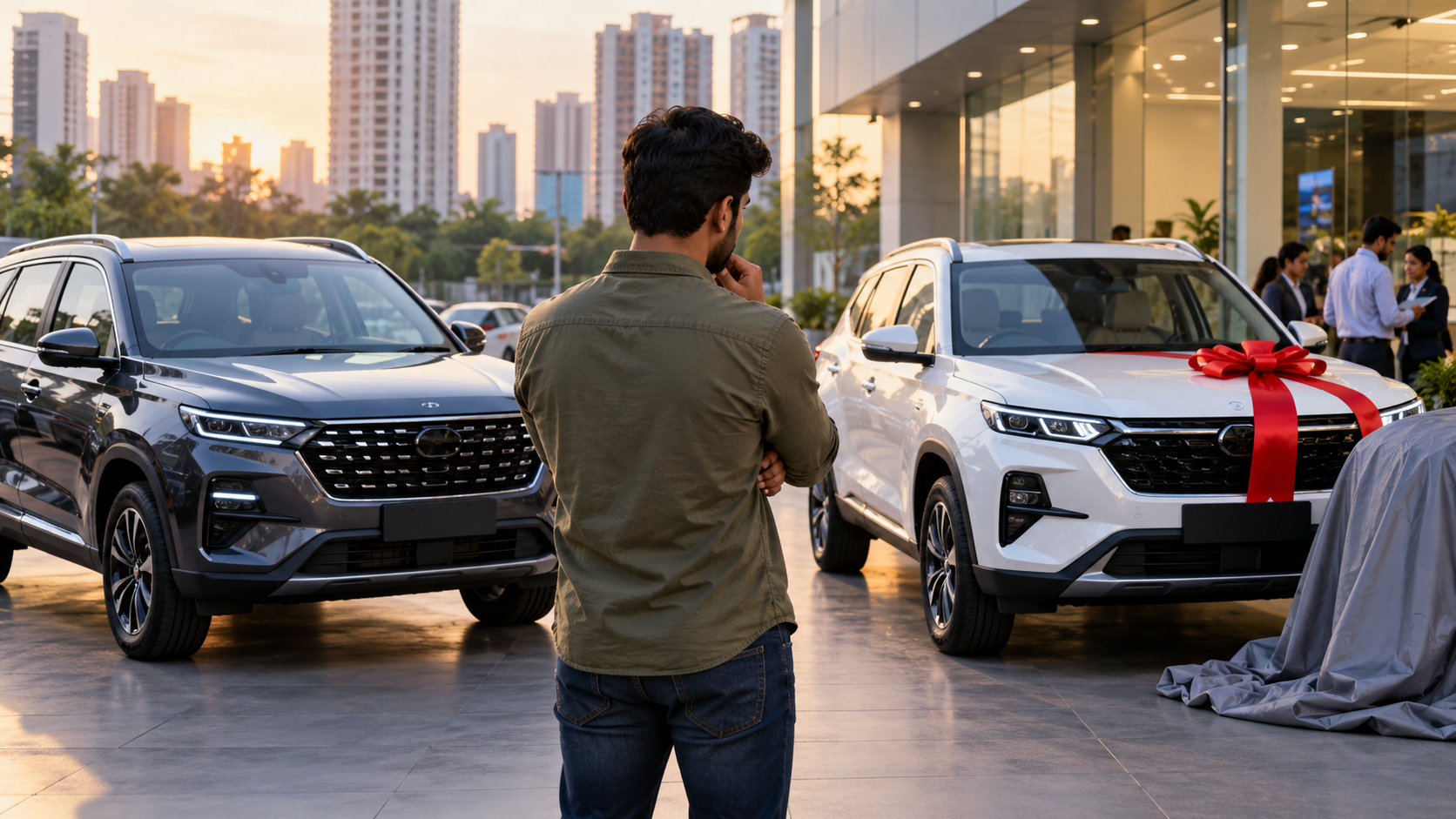 Buyer comparing an available SUV with an upcoming covered SUV