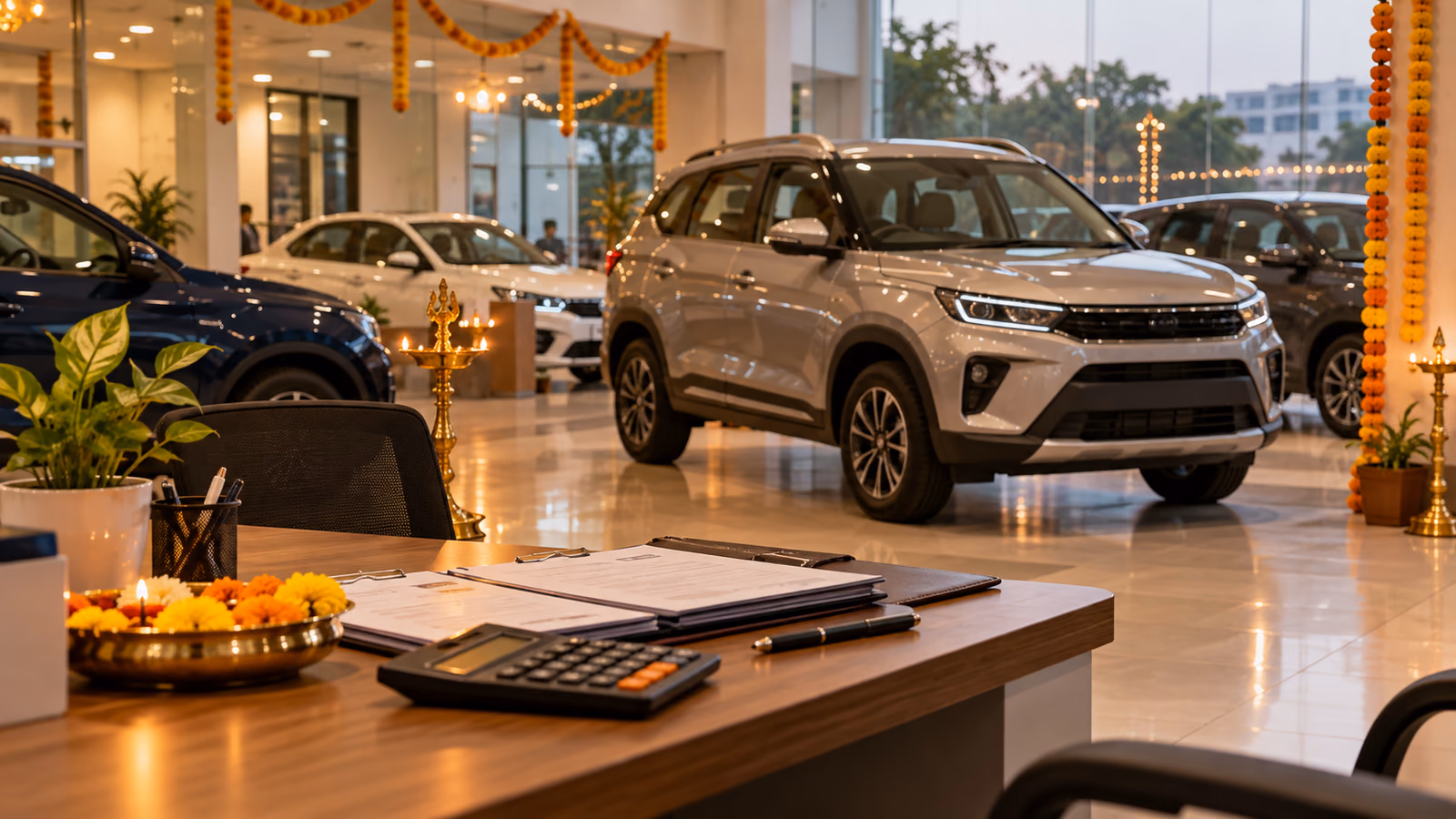 Car showroom desk prepared for a festive-season quotation review