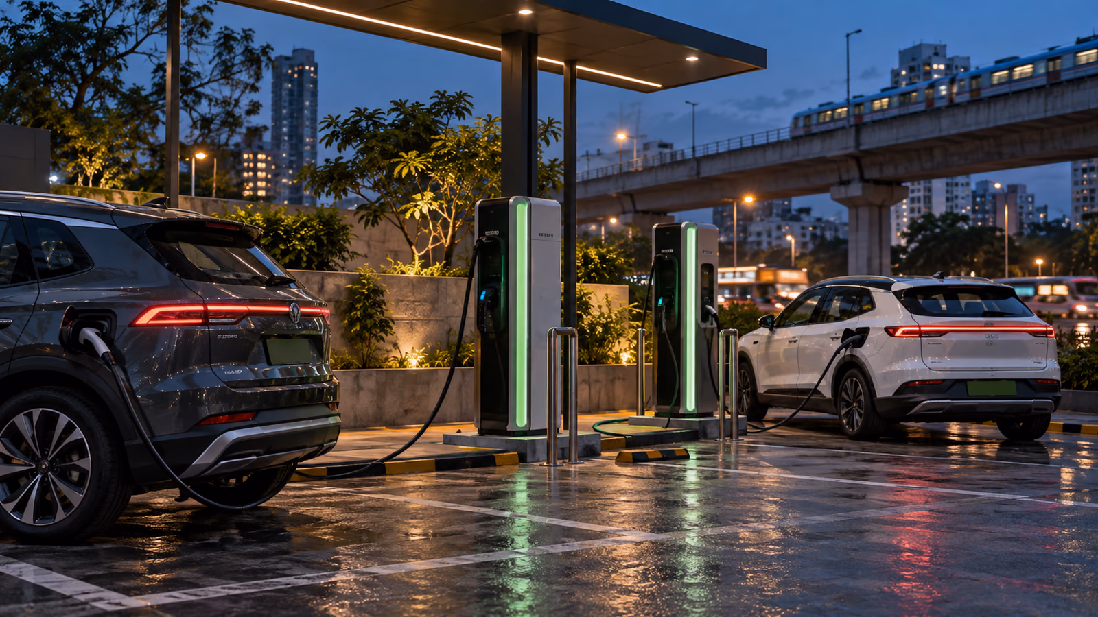Electric SUVs charging at a public fast-charging hub in India