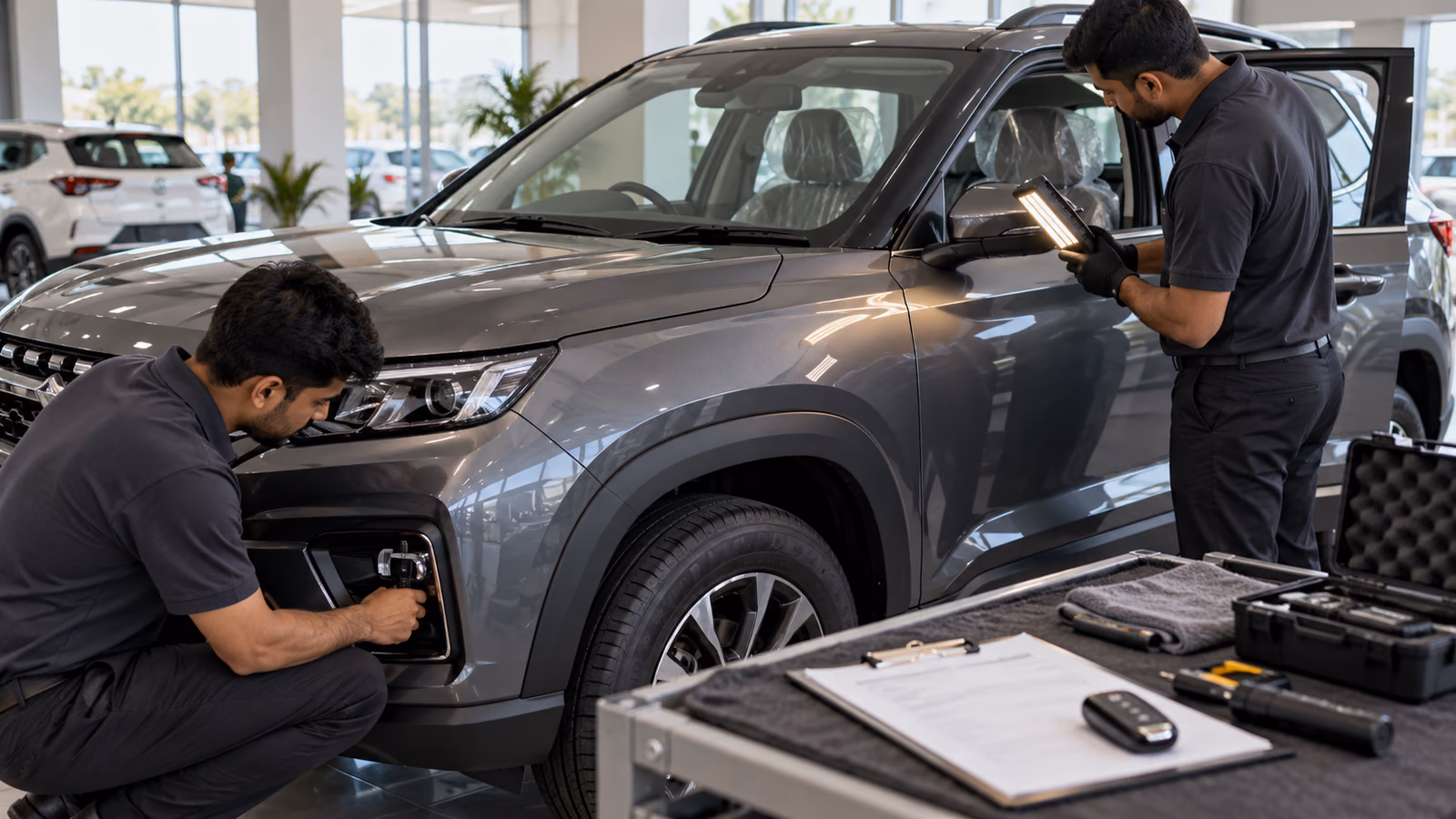 New compact SUV prepared for a pre-delivery inspection