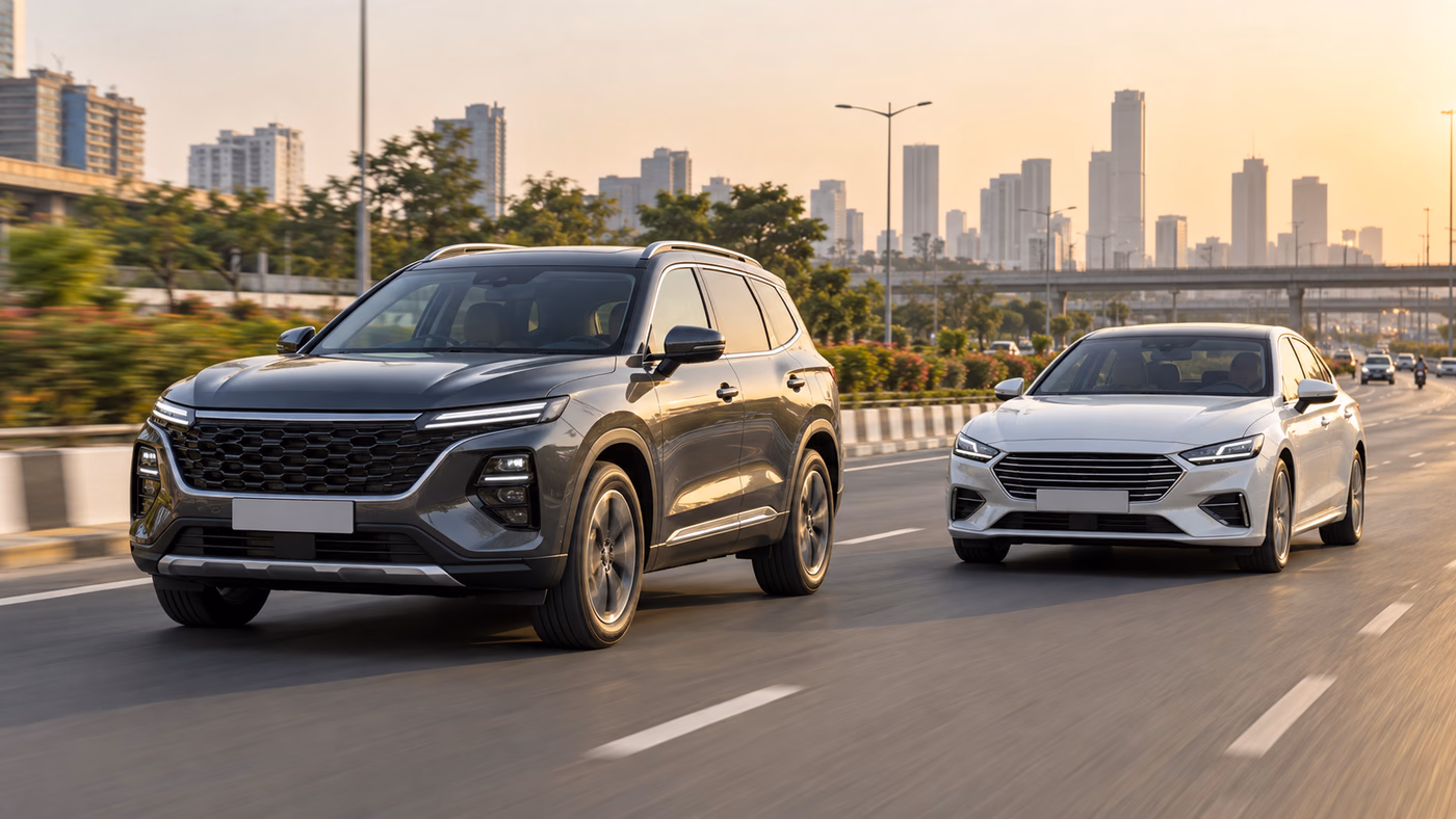 A midsize SUV and sedan driving on an urban Indian highway