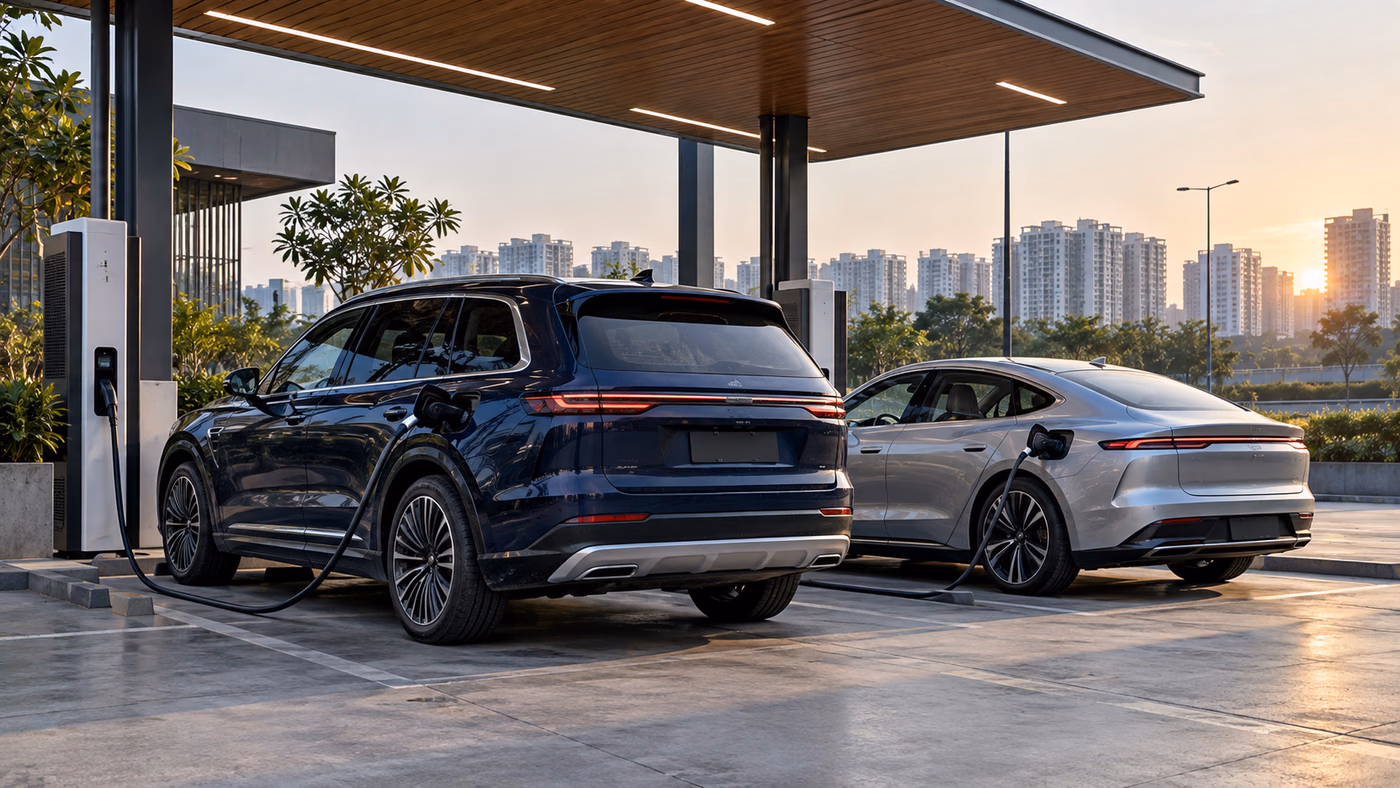 A premium electric SUV and sedan charging at a modern station